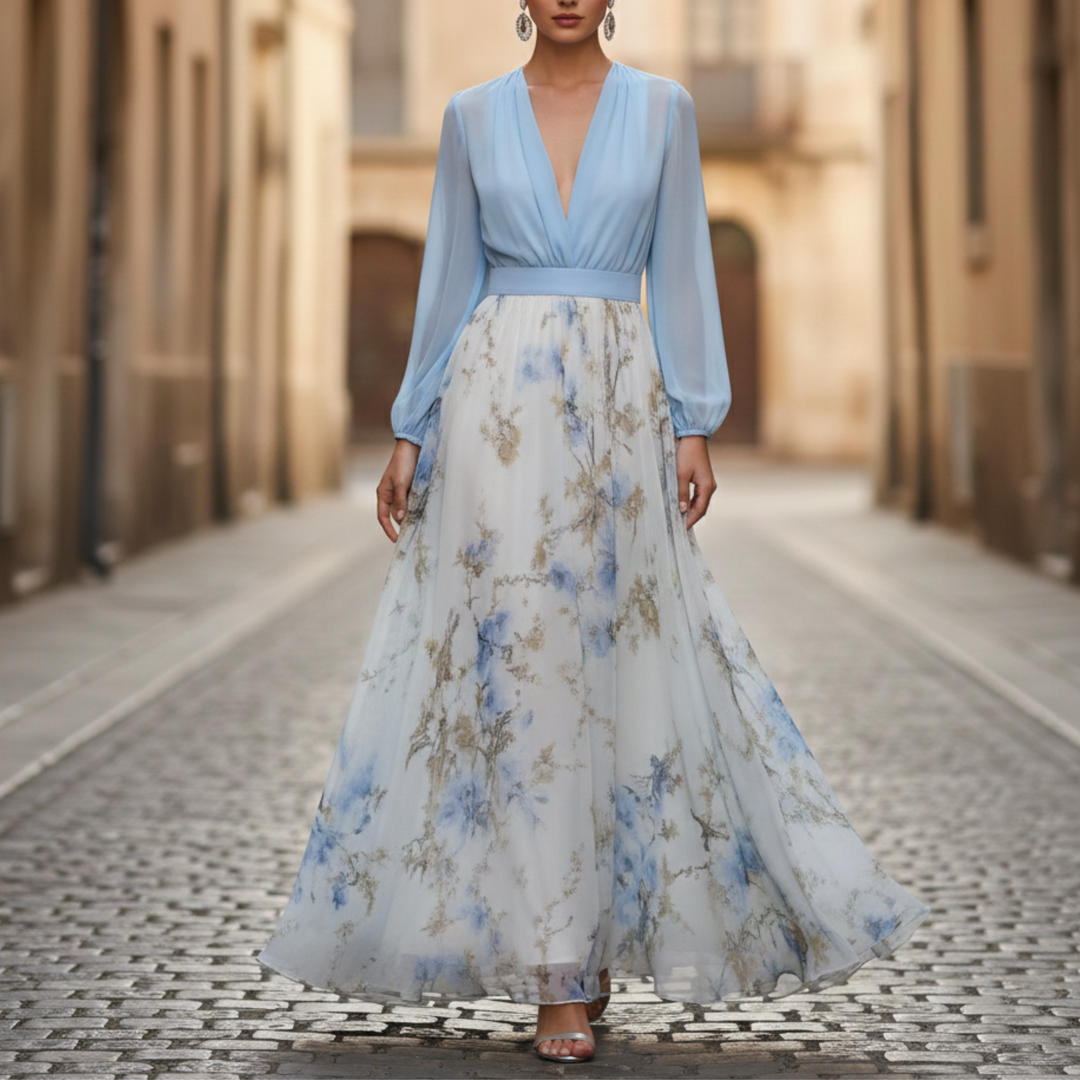 Selvara | Women's Long Sleeve V-Neck Maxi Dress-Metro Lane Plaza