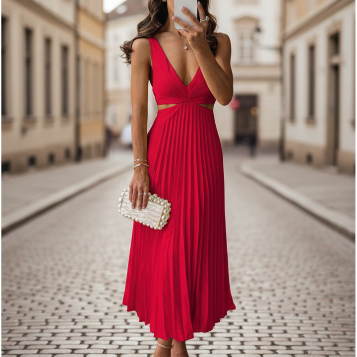 Jennifer | Women's Pleated V Neck Sleeveless Maxi Dress-Metro Lane Plaza