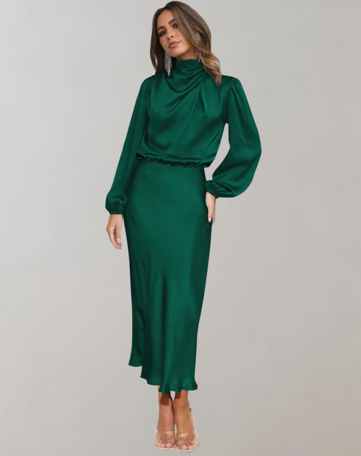 Women's Elegant Long Sleeve Satin Dress-Metro Lane Plaza