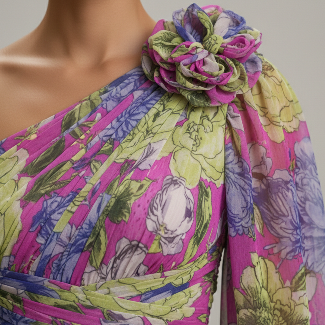 Connie | Women's One Shoulder Floral Print Maxi Dress-Metro Lane Plaza