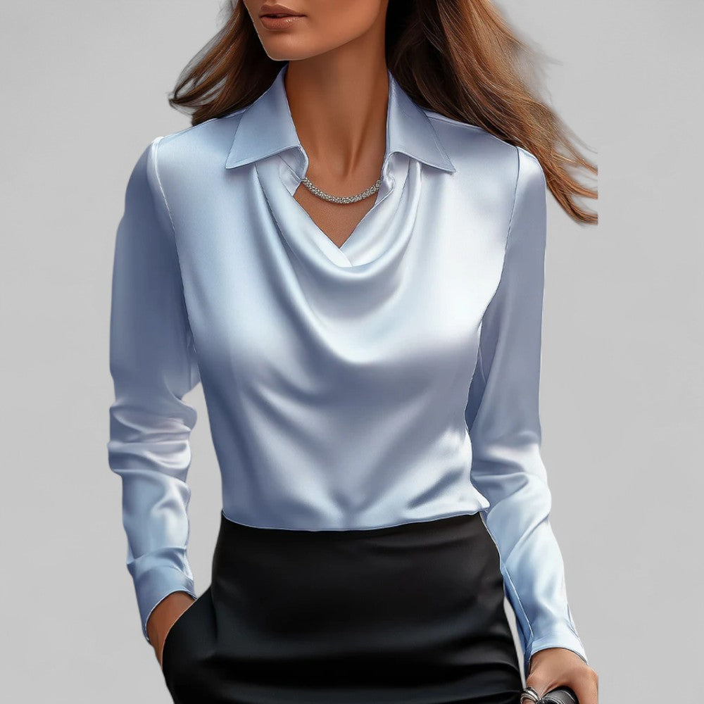 Women's Draped Neck Long Sleeve Satin Blouse-Metro Lane Plaza