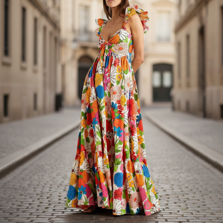 Sophia | Women's Floral Maxi Dress with Ruffle Sleeves-Metro Lane Plaza