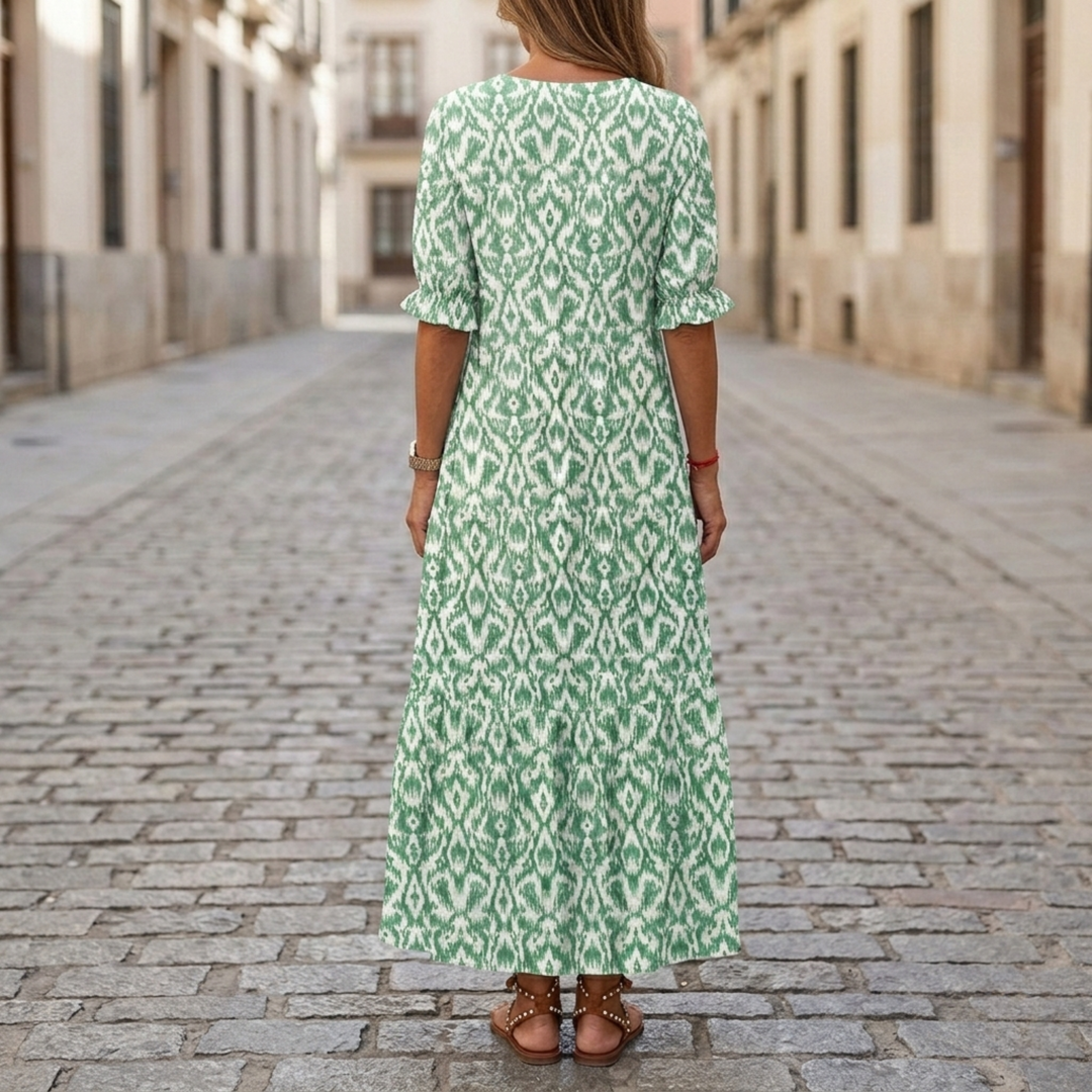 Kelli | Women's Maxi Dress, Printed, V-Neck, Half Sleeve-Metro Lane Plaza