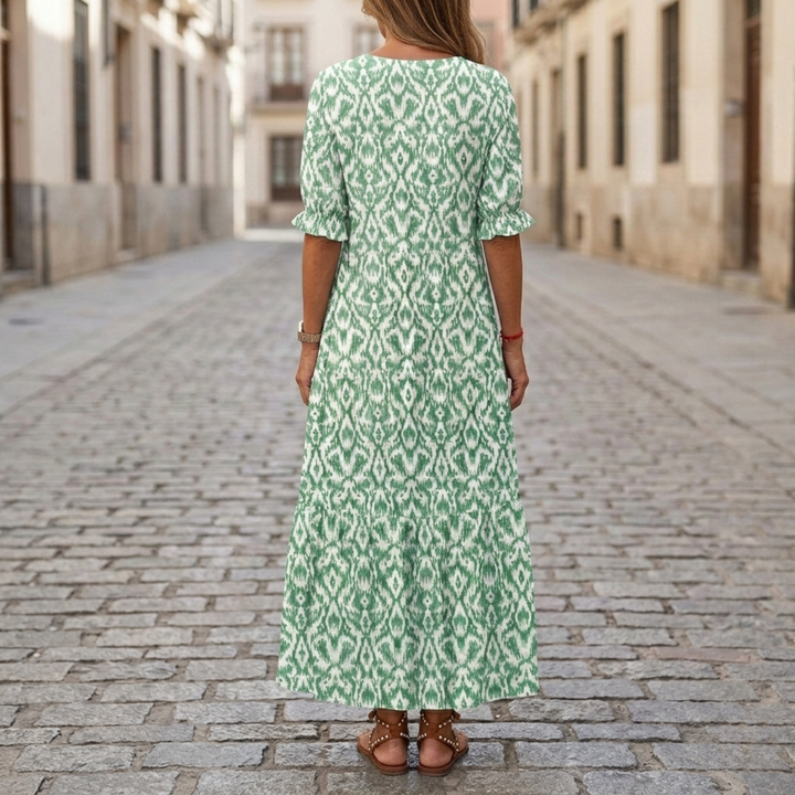 Kelli | Women's Maxi Dress, Printed, V-Neck, Half Sleeve-Metro Lane Plaza