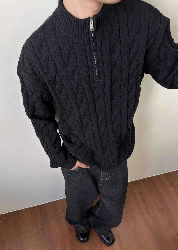 Pull en maille torsadée à fermeture éclair quart de longueur pour homme