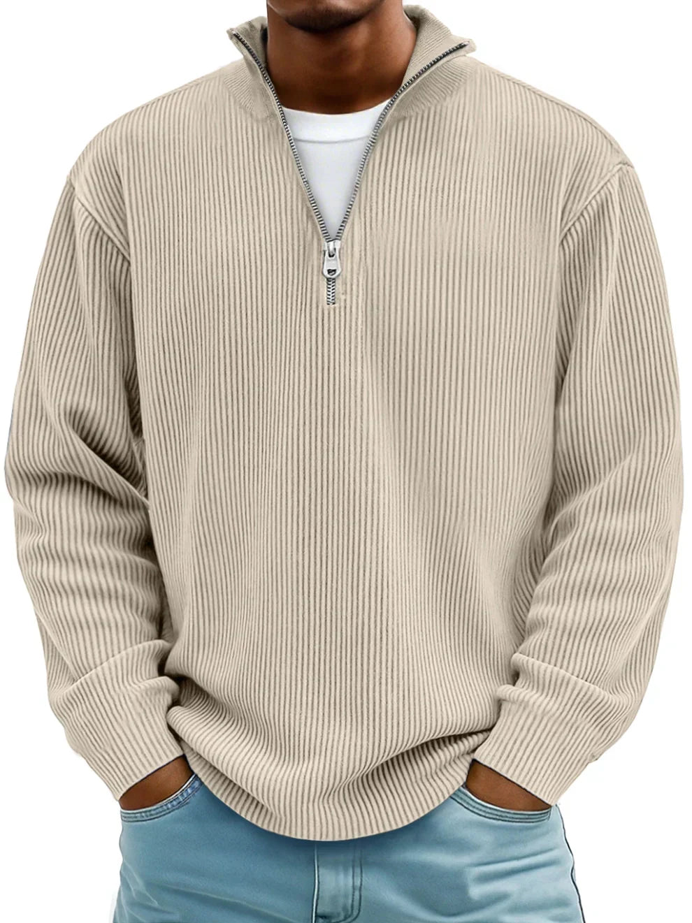Pull en maille côtelée à manches longues, demi-fermeture zippée, pour homme