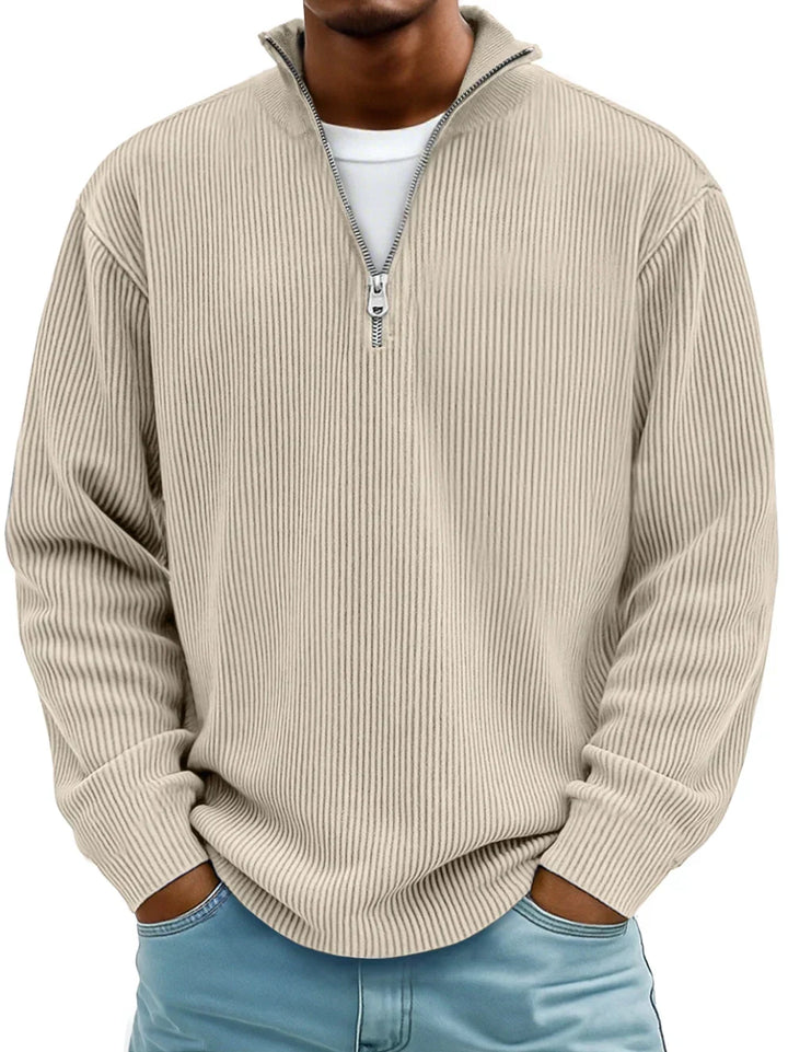 Pull en maille côtelée à manches longues, demi-fermeture zippée, pour homme