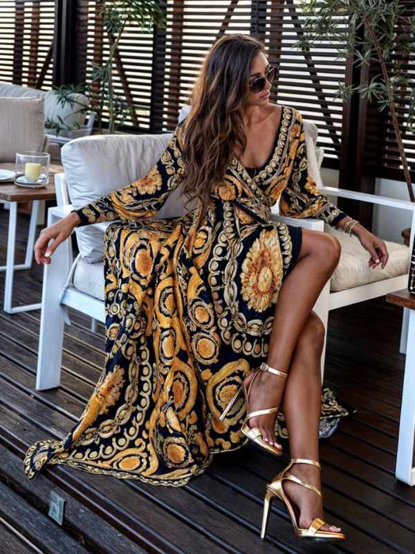 Women's Elegant Bohemian Maxi Dress with Gold Print and High Slit-Metro Lane Plaza