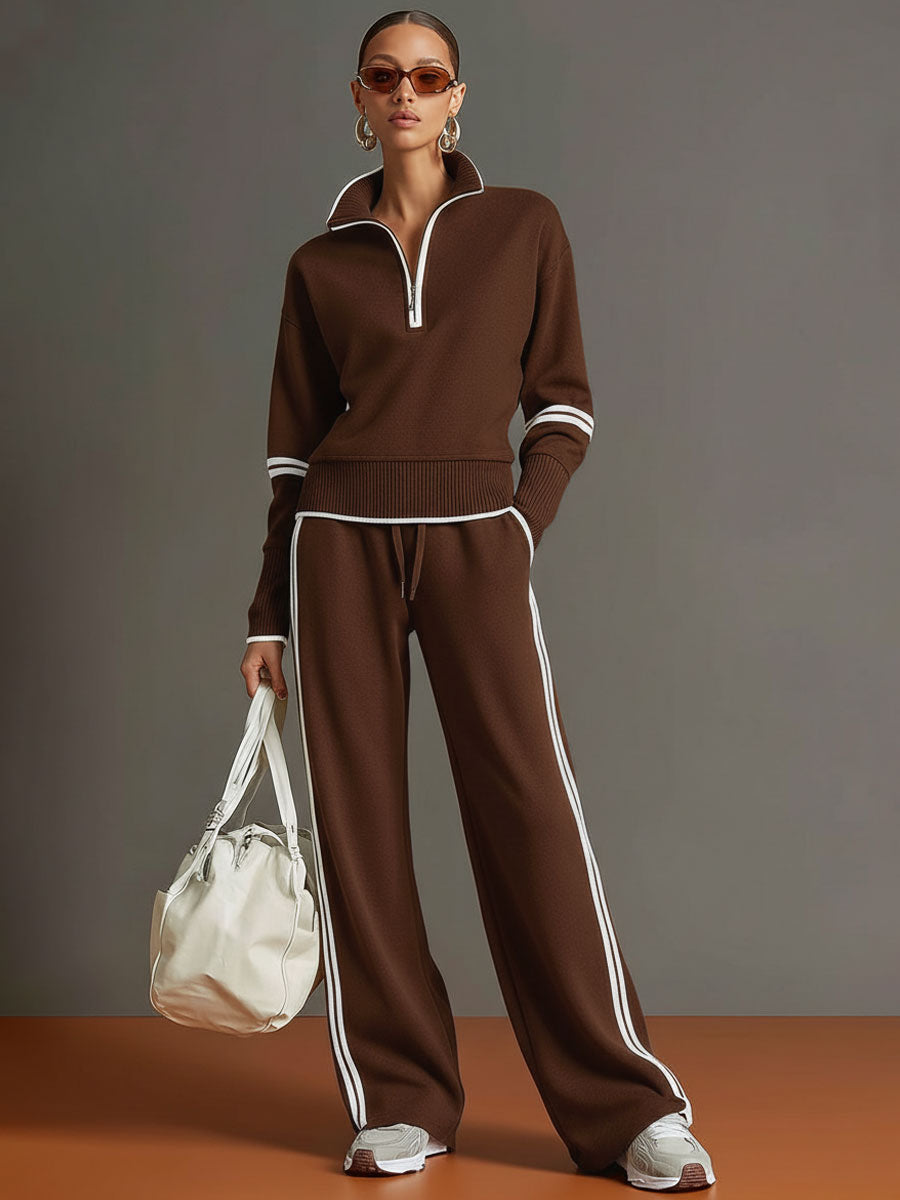 Women's Retro Sporty Set with Half-Zip Sweater and Wide Leg Pants-Metro Lane Plaza