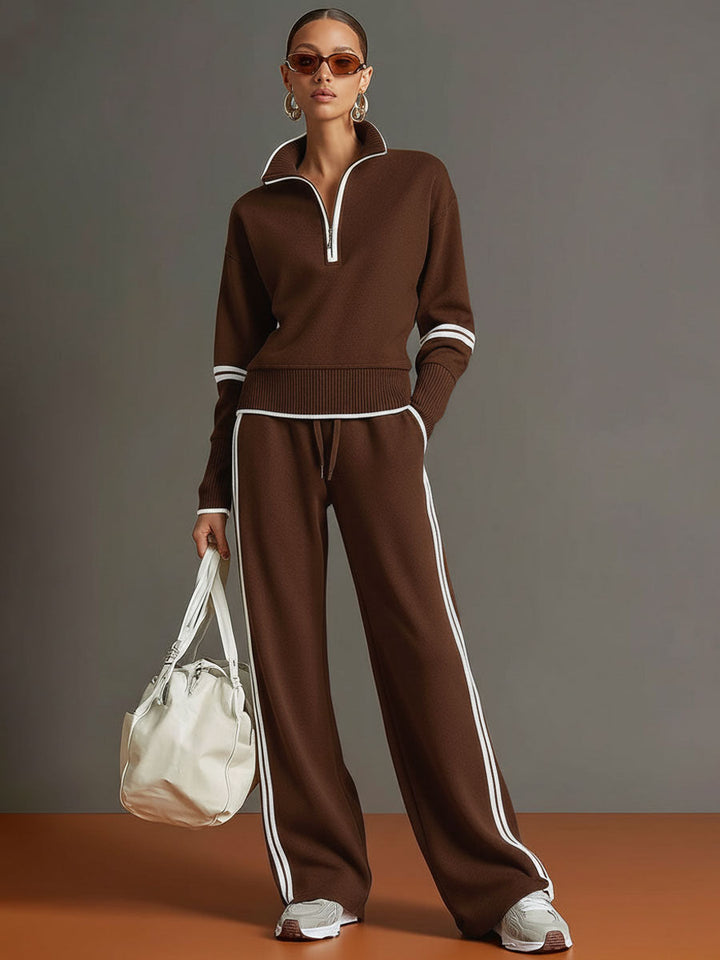 Women's Retro Sporty Set with Half-Zip Sweater and Wide Leg Pants-Metro Lane Plaza