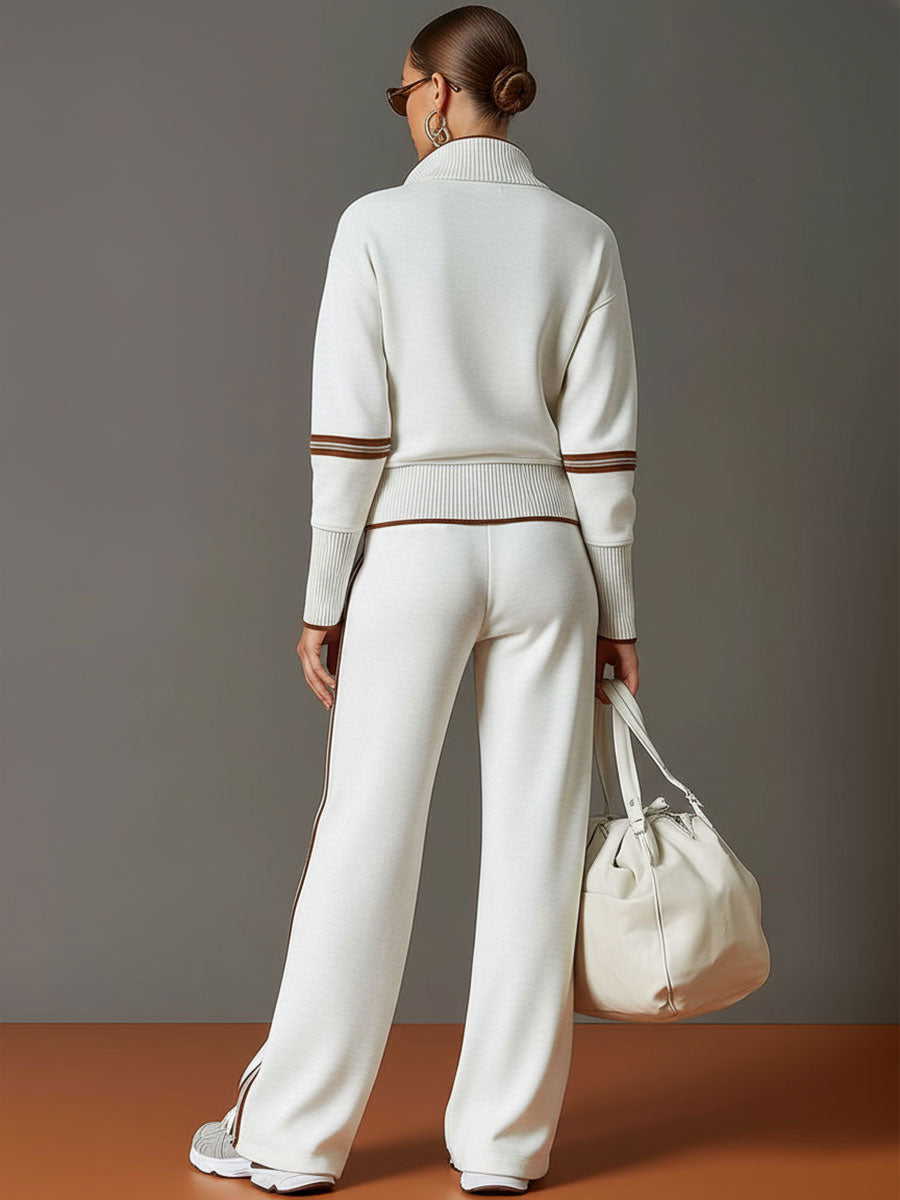 Women's Retro Sporty Set with Half-Zip Sweater and Wide Leg Pants-Metro Lane Plaza