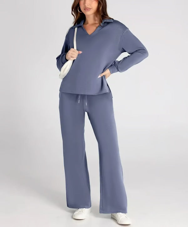 Women's V-Neck Sweater and Wide Pants Two-Piece Set for Fall & Winter-Metro Lane Plaza
