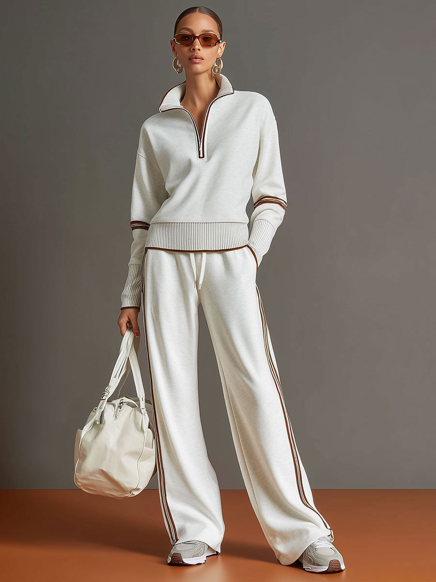Women's Retro Sporty Set with Half-Zip Sweater and Wide Leg Pants-Metro Lane Plaza