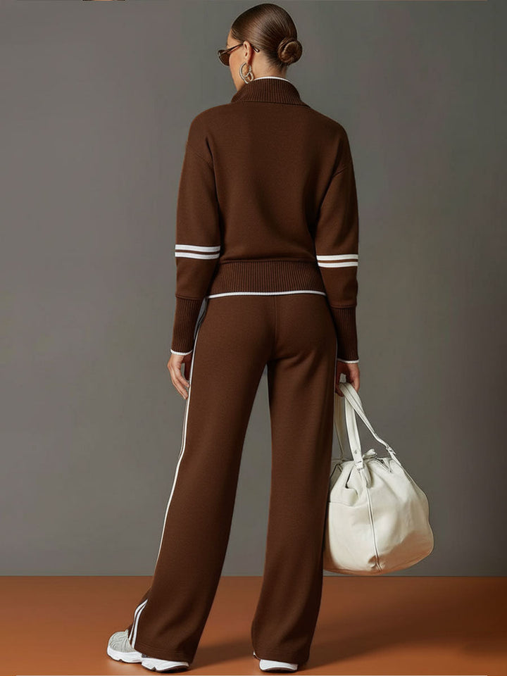 Women's Retro Sporty Set with Half-Zip Sweater and Wide Leg Pants-Metro Lane Plaza