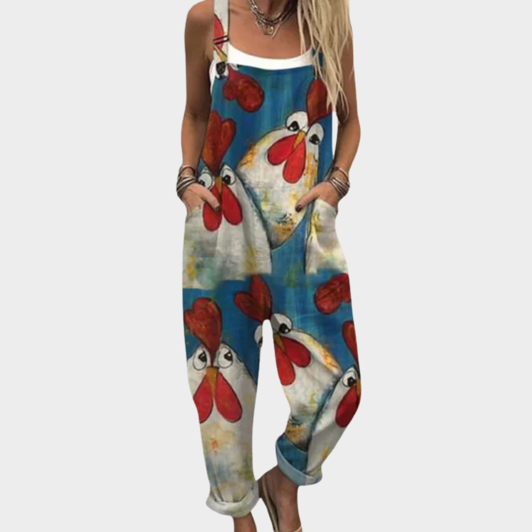 Komfortabel jumpsuit til kvinder med kunstprint af kylling