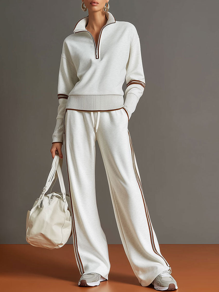 Women's Retro Sporty Set with Half-Zip Sweater and Wide Leg Pants-Metro Lane Plaza
