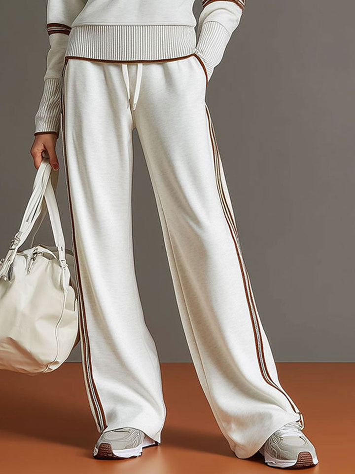 Women's Retro Sporty Set with Half-Zip Sweater and Wide Leg Pants-Metro Lane Plaza