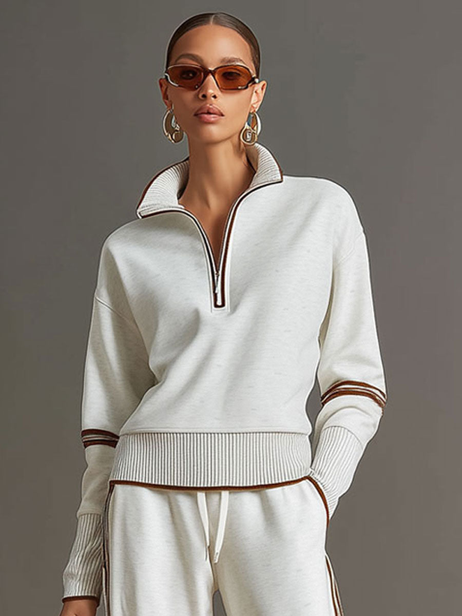 Women's Retro Sporty Set with Half-Zip Sweater and Wide Leg Pants-Metro Lane Plaza