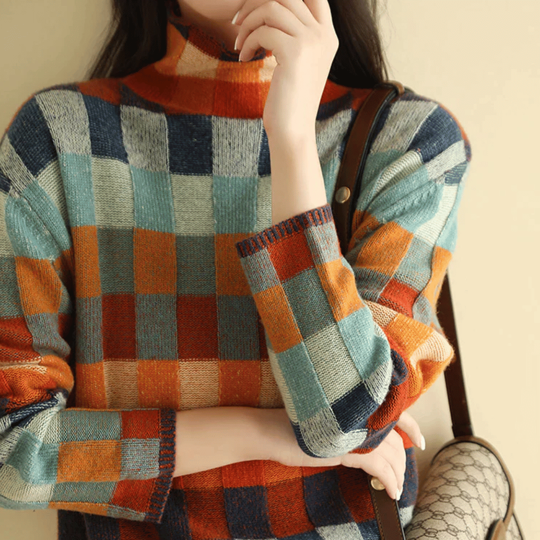 Women's Stylish Turtleneck Sweater with Unique Patchwork Design-Metro Lane Plaza