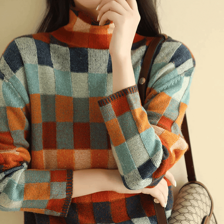Women's Stylish Turtleneck Sweater with Unique Patchwork Design-Metro Lane Plaza