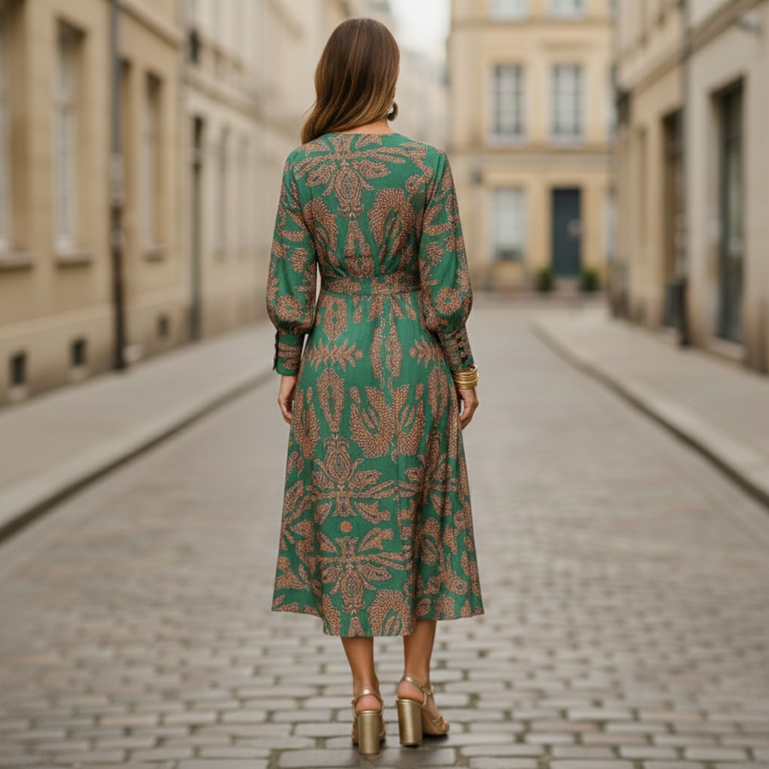 Tanya | Women's Maxi Dress Long Sleeve V-Neck Printed Design-Metro Lane Plaza