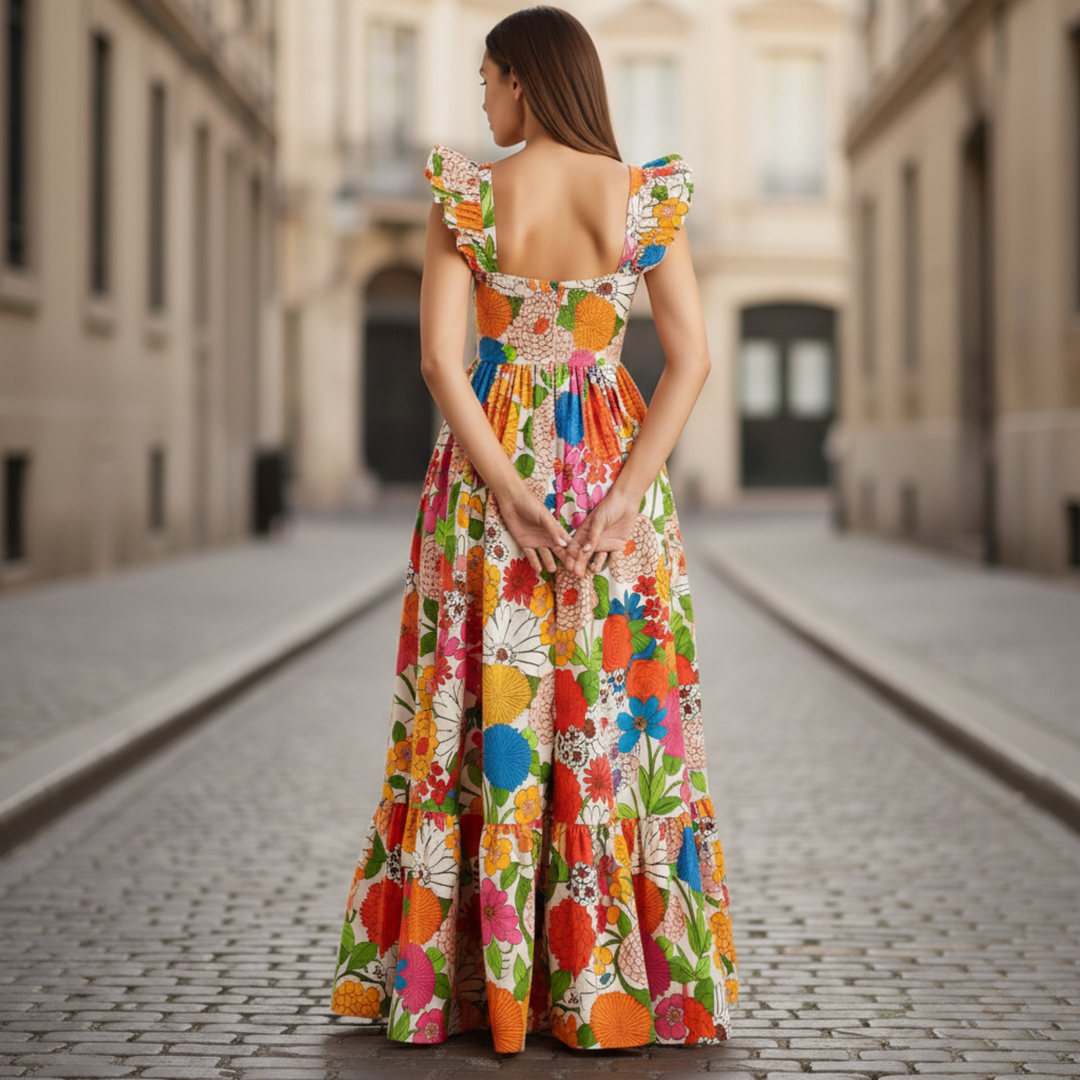 Sophia | Women's Floral Maxi Dress with Ruffle Sleeves-Metro Lane Plaza