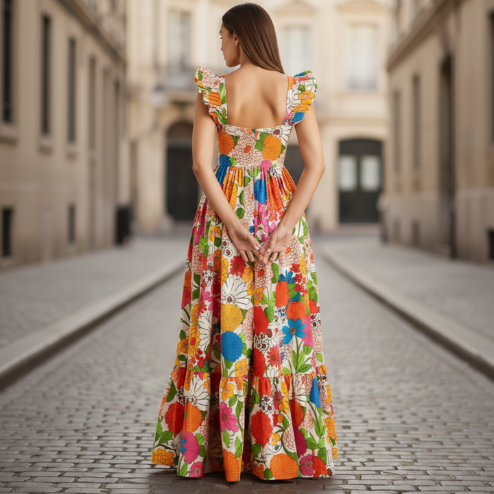 Sophia | Women's Floral Maxi Dress with Ruffle Sleeves-Metro Lane Plaza