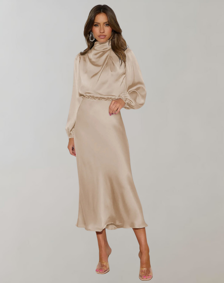 Women's Elegant Long Sleeve Satin Dress-Metro Lane Plaza