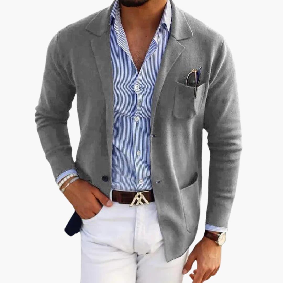 Men's Knit Blazer with Lapel Collar and Button Closure