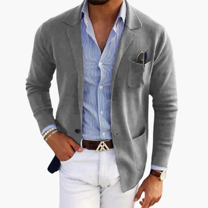 Men's Knit Blazer with Lapel Collar and Button Closure