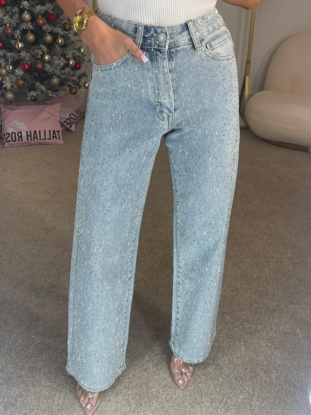 Natalie | Women's Embellished Straight Leg Denim Jeans-Metro Lane Plaza
