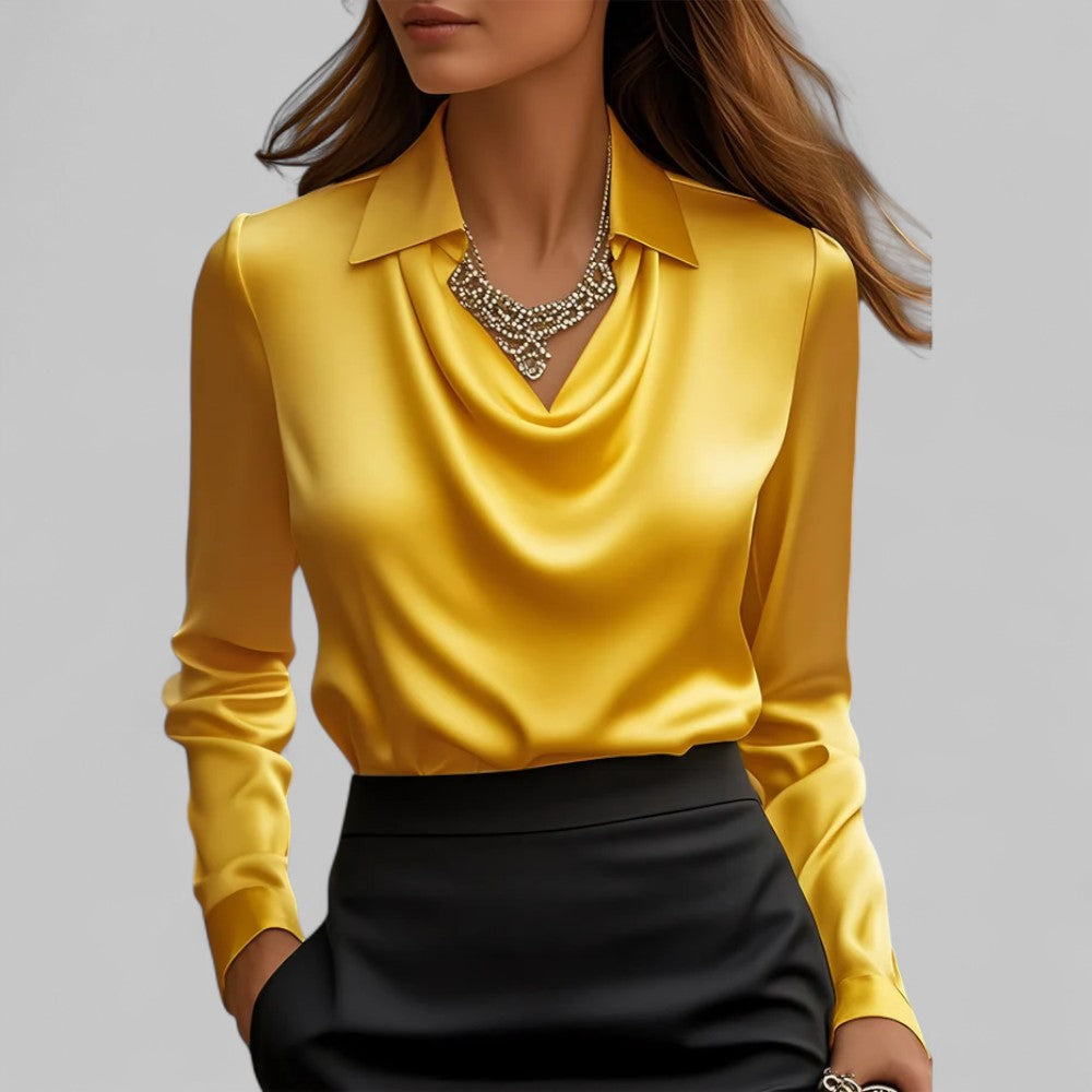 Women's Draped Neck Long Sleeve Satin Blouse-Metro Lane Plaza