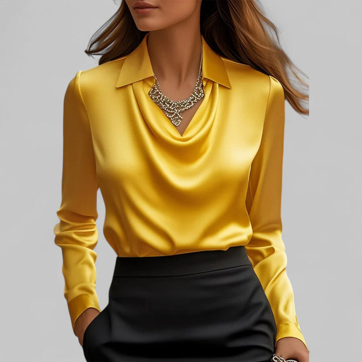 Women's Draped Neck Long Sleeve Satin Blouse-Metro Lane Plaza