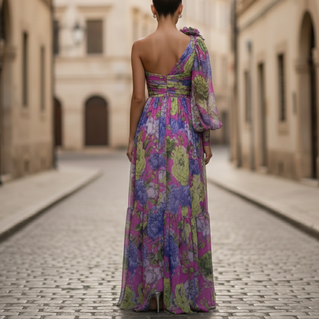 Connie | Women's One Shoulder Floral Print Maxi Dress-Metro Lane Plaza