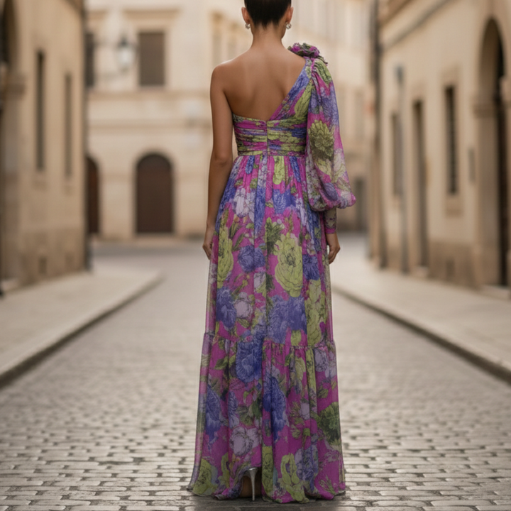 Connie | Women's One Shoulder Floral Print Maxi Dress-Metro Lane Plaza