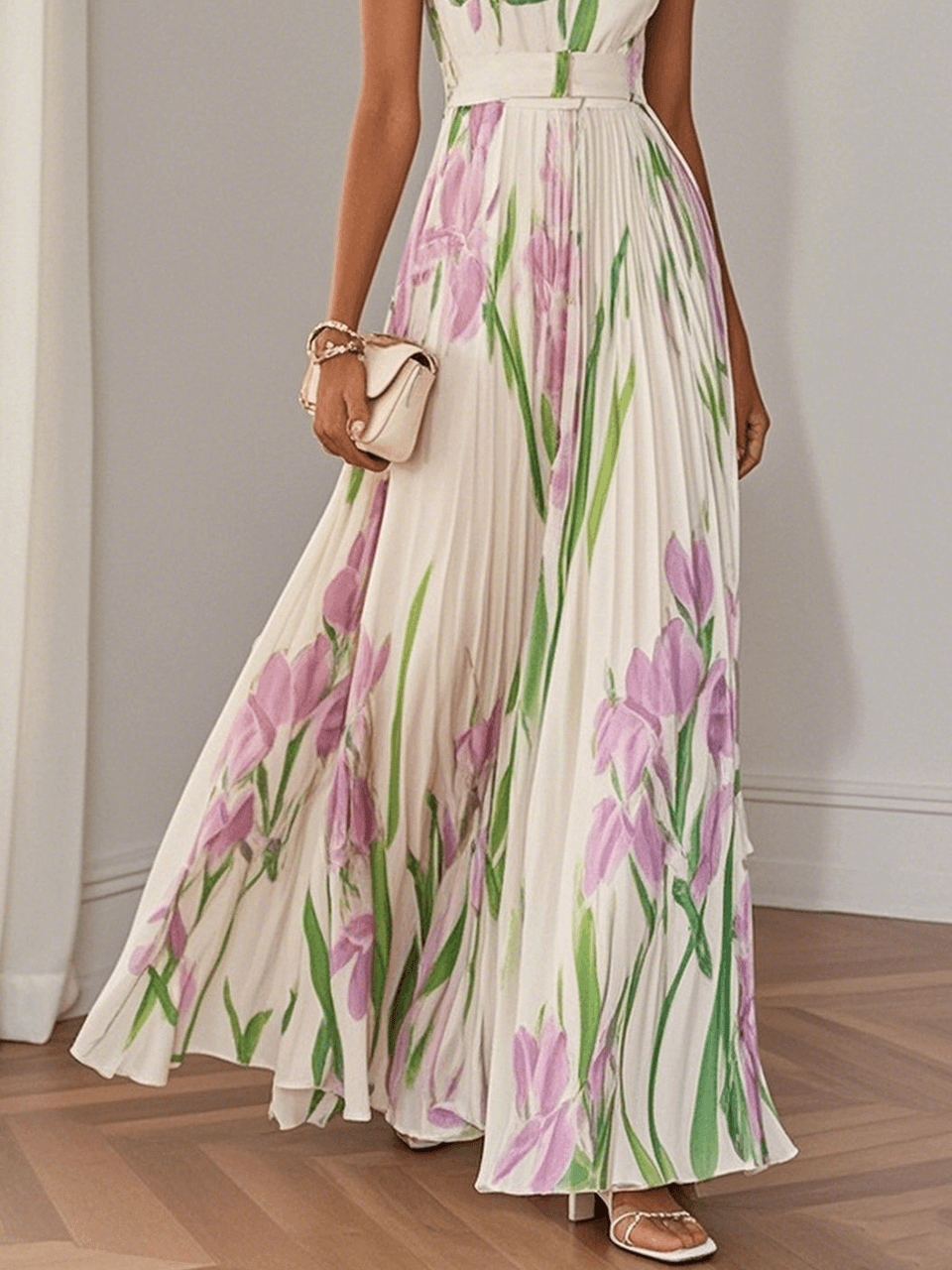Anastasia | Women's White Floral Pleated Maxi Dress-Metro Lane Plaza