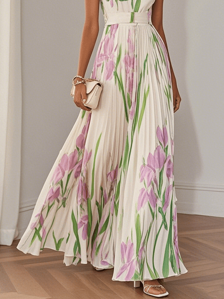 Anastasia | Women's White Floral Pleated Maxi Dress-Metro Lane Plaza