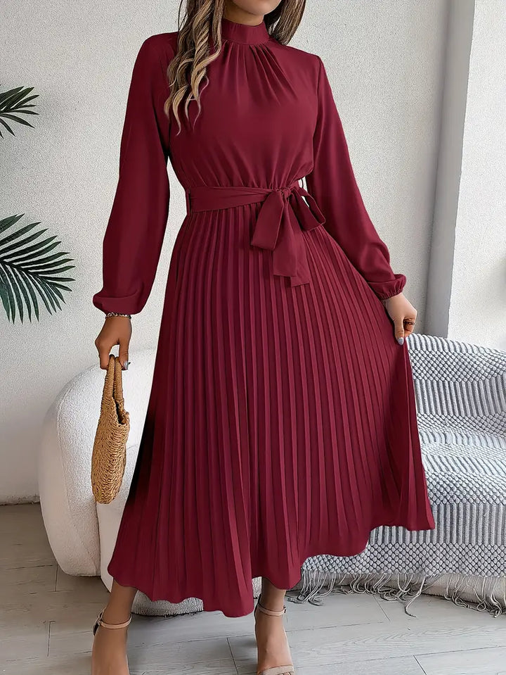 Sophia | Women's Long-Sleeve Pleated Midi Dress with Belted Waist-Metro Lane Plaza