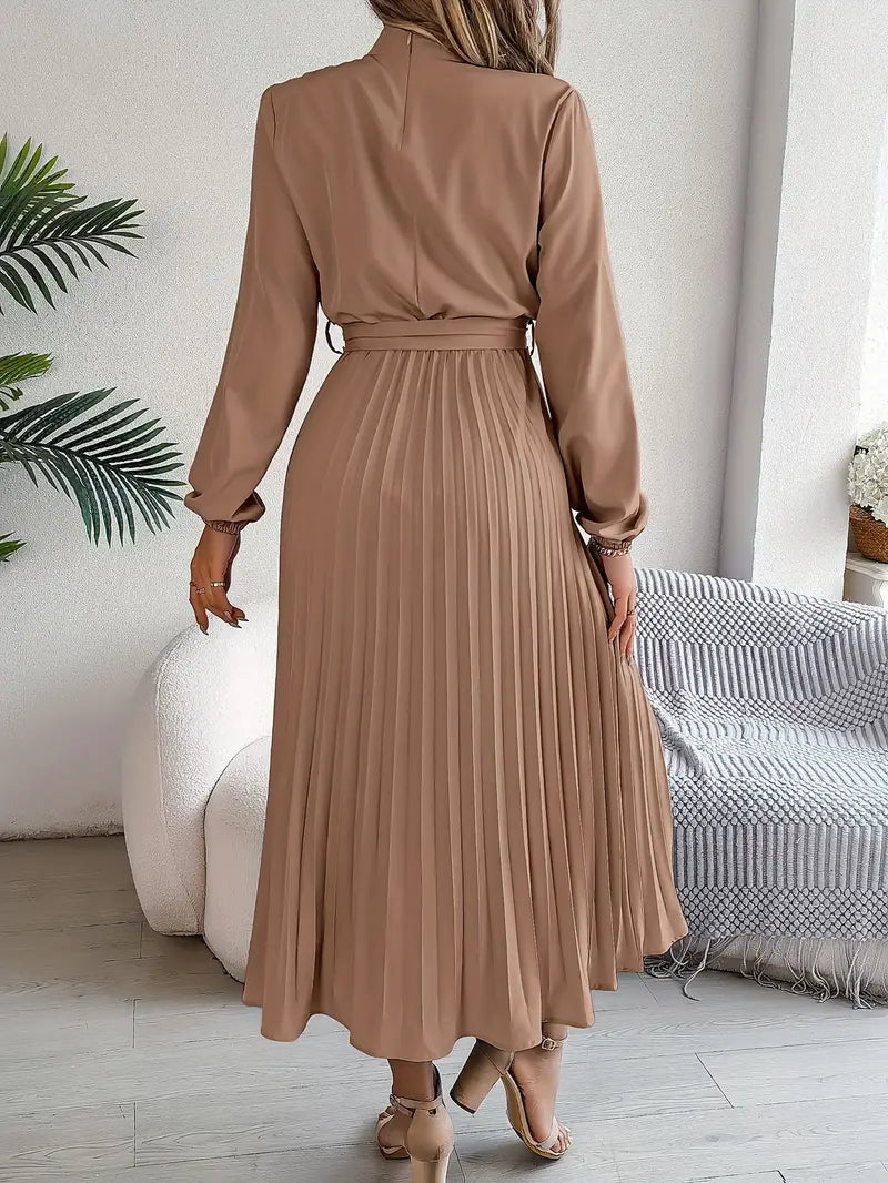 Sophia | Women's Long-Sleeve Pleated Midi Dress with Belted Waist-Metro Lane Plaza