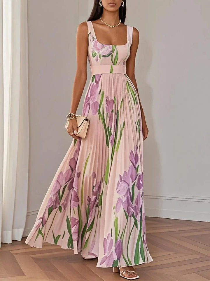 Anastasia | Women's White Floral Pleated Maxi Dress-Metro Lane Plaza