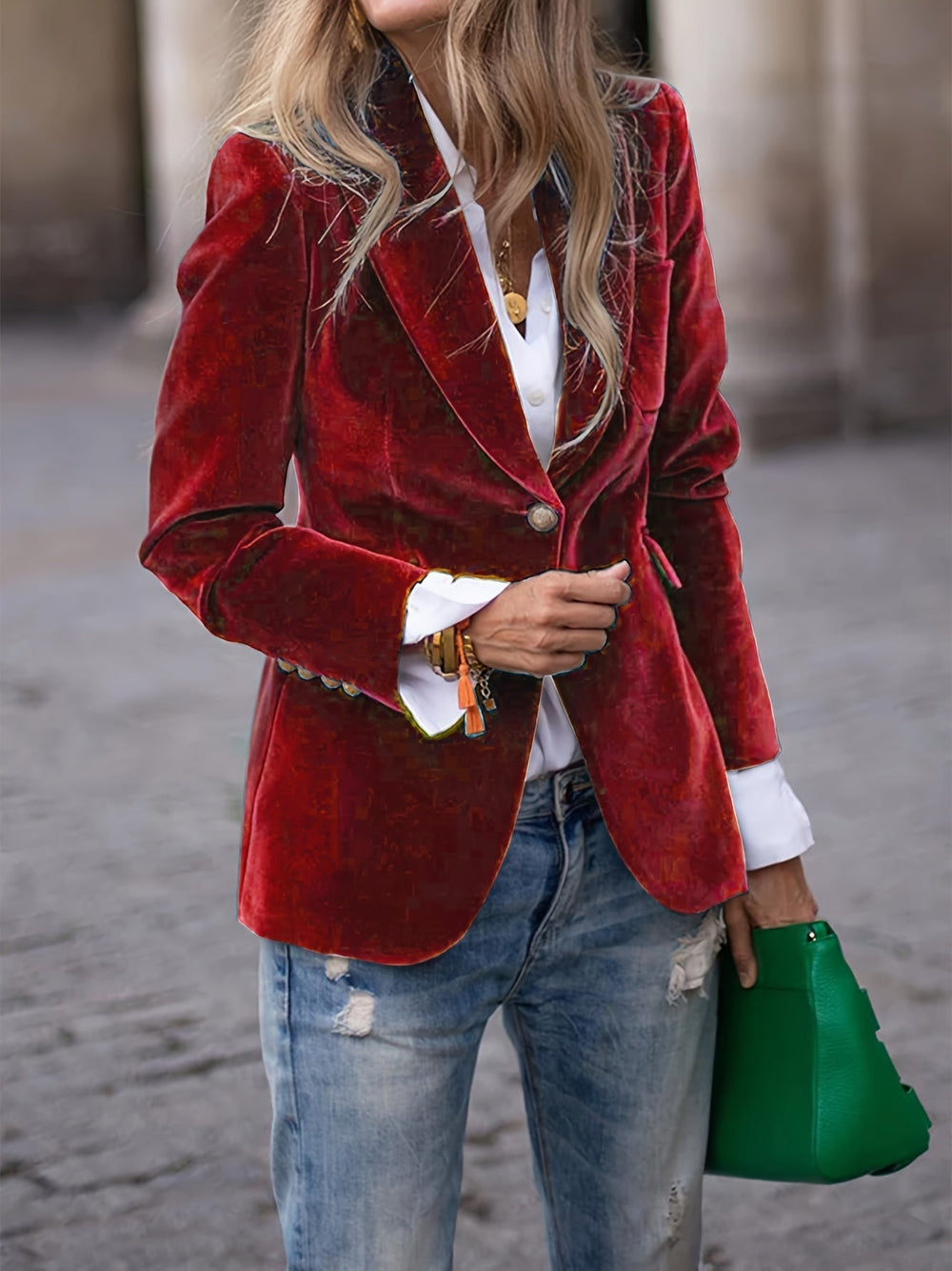 [Women's Velvet Blazer with Gold Buttons and Modern Style]-Metro Lane Plaza