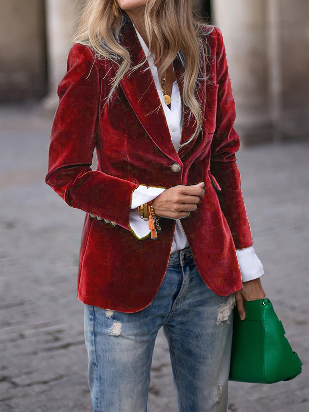 [Women's Velvet Blazer with Gold Buttons and Modern Style]-Metro Lane Plaza