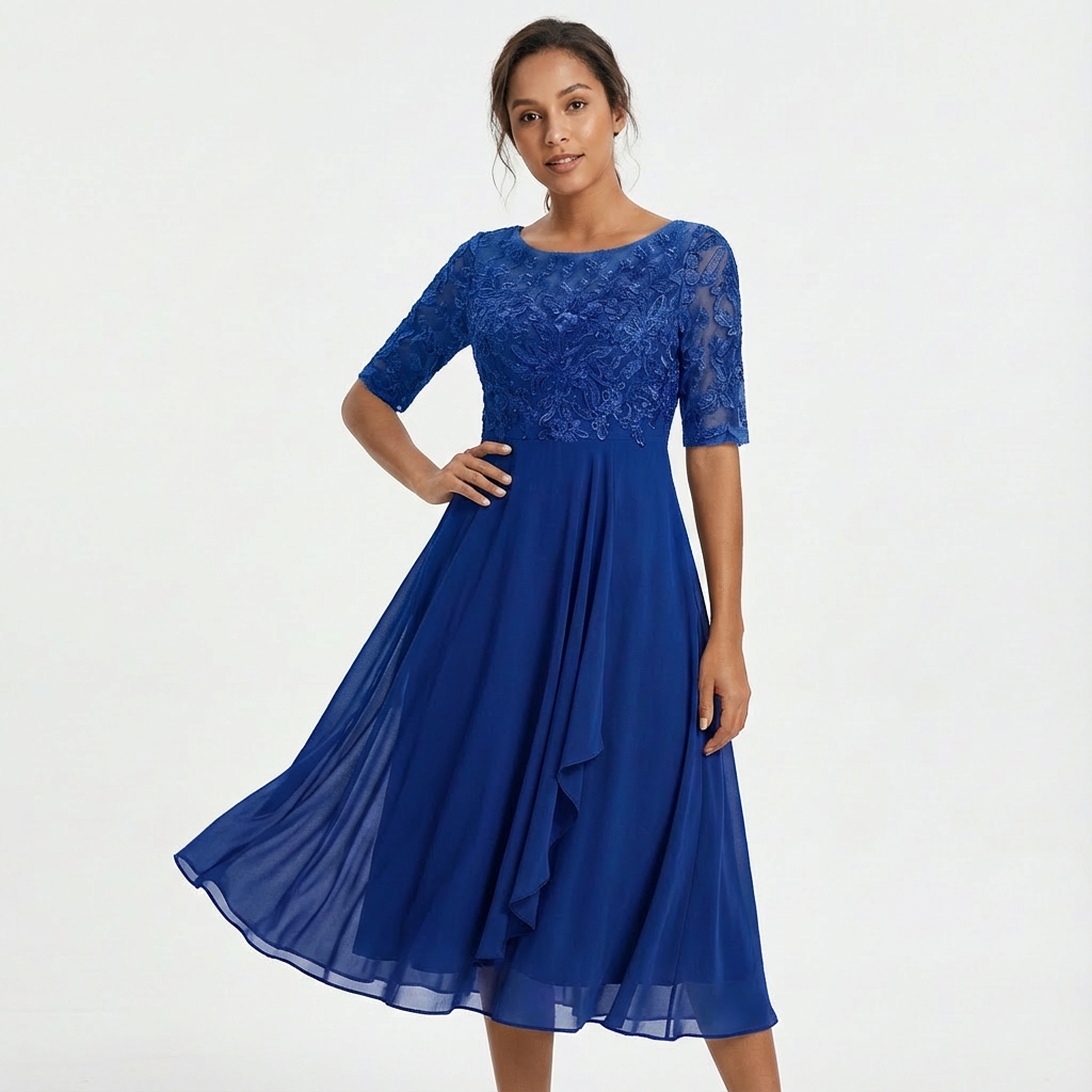 Women's Elegant Lace Midi Dress with Half Sleeves-Metro Lane Plaza