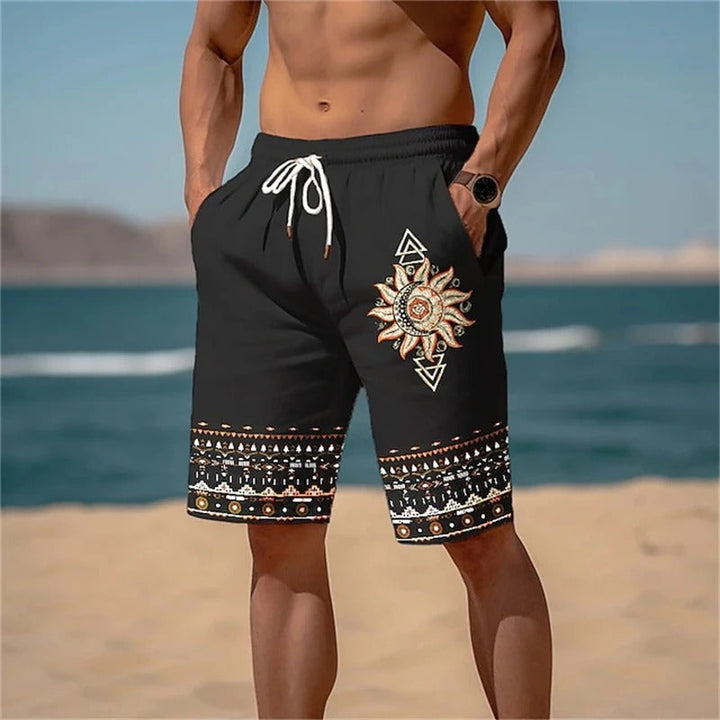 Men's Printed Beach Shorts with Solar Motif