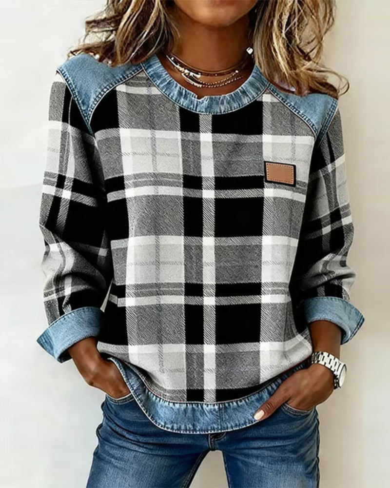 Weiches Damen-Sweatshirt aus Baumwollmischung mit Karomuster und Patchwork