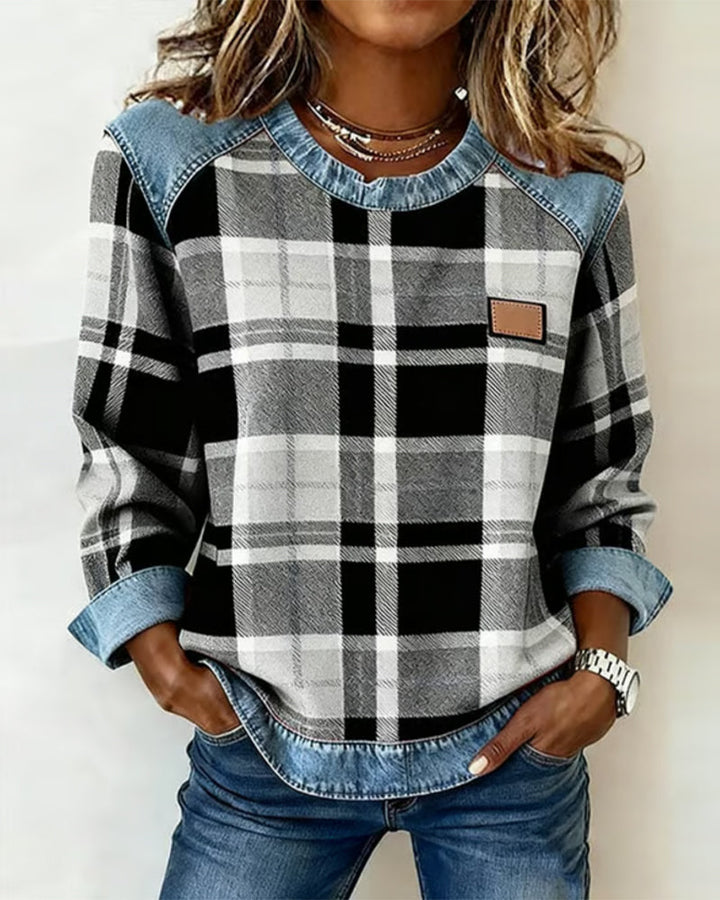Weiches Damen-Sweatshirt aus Baumwollmischung mit Karomuster und Patchwork