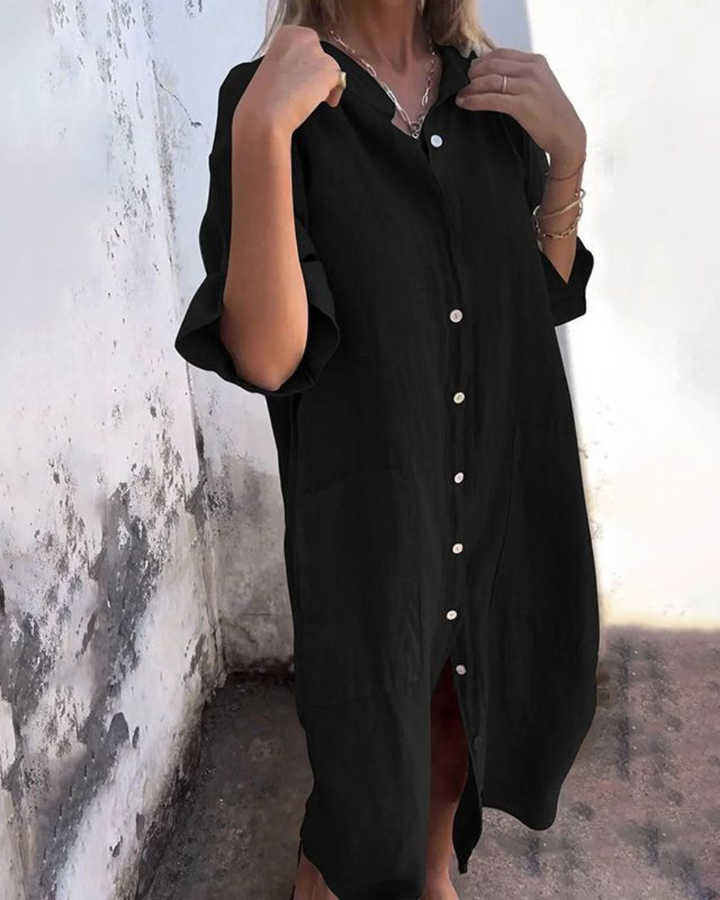 Women's Loose Fit Button Front Shirt Dress-Metro Lane Plaza