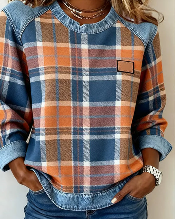 Weiches Damen-Sweatshirt aus Baumwollmischung mit Karomuster und Patchwork