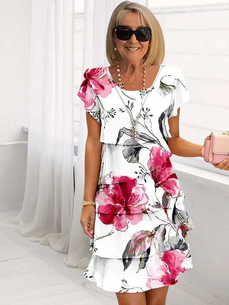 Women's Chic Ruffled Floral Midi Dress-Metro Lane Plaza