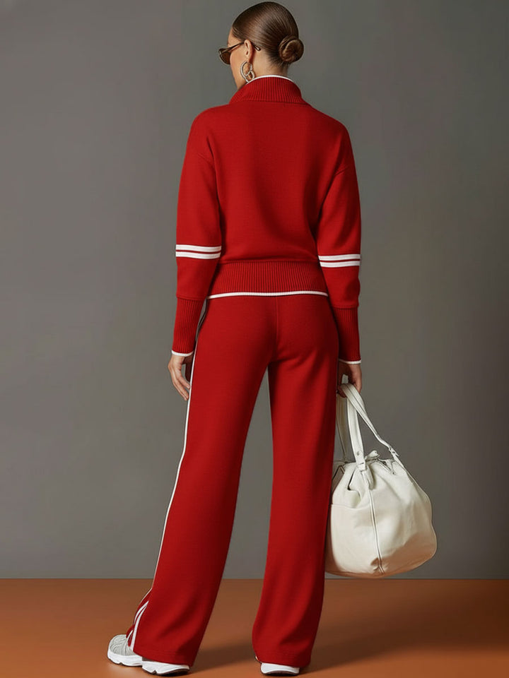 Women's Retro Sporty Set with Half-Zip Sweater and Wide Leg Pants-Metro Lane Plaza